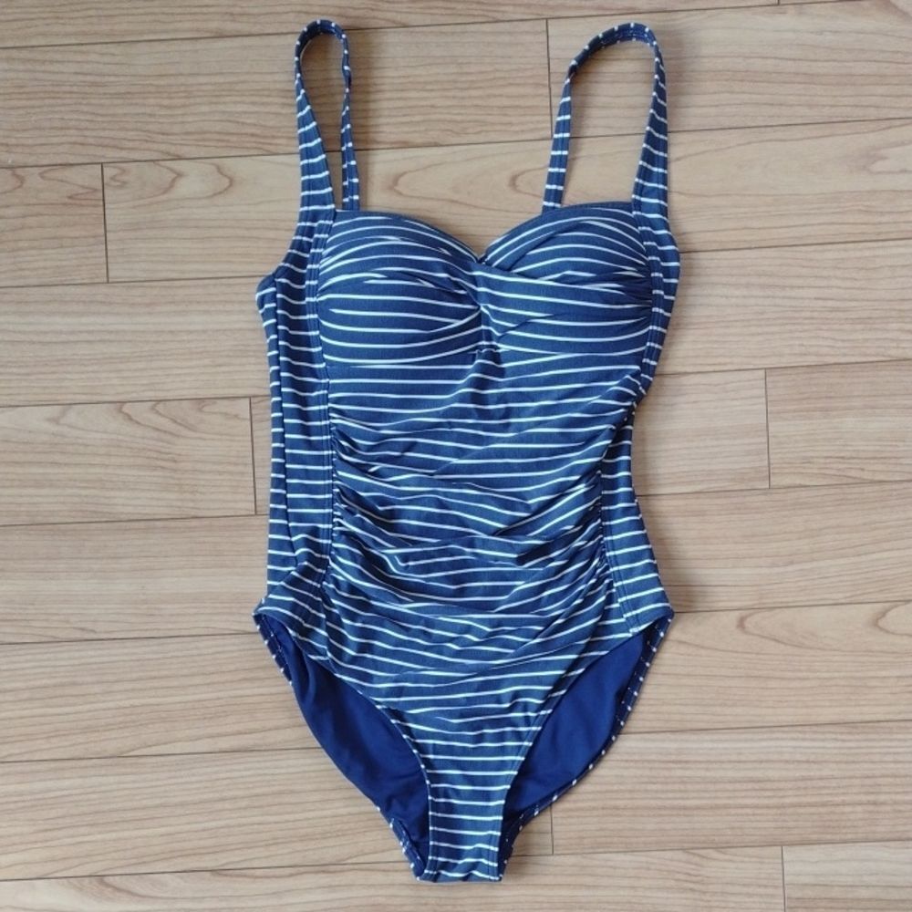 NipTuck Joanne Blue and White Striped One Piece Twist Front Swimsuit Size 4